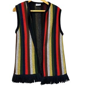 VTG Fringed Knit Rainbow Striped Vest 60/70's Hippie Boho Made In USA Union